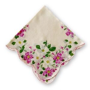 Antique Midcentury Ivory White Purple Floral Scalloped Linen Handkerchief